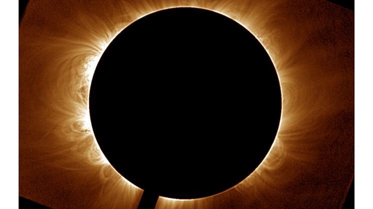 An image taken in infrared light. The Sun’s disc is blocked out by a coronagraph, a similar effect as the moon during a solar eclipse. The bright wispy, hair-like features are where the Sun’s gas is highlighting the magnetic field.