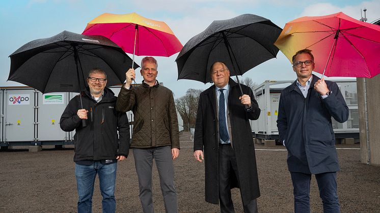 Johan Holmstedt, VD Landskrona Energi; Frank Amend, Axpo Group, Head of Batteries & Hybrid Systems; Torkild Strandberg, kommunstyrelsens ordförande Landskrona stad; Håkon Røhne, Managing Director Axpo Nordic