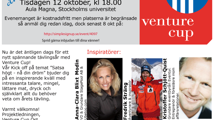 Venture Cup bjuder in till årets kick off 12 oktober!