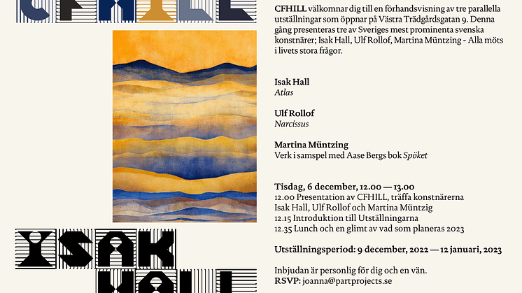 Pressinbjudan. CFHILL presenterar Isak Hall, Ulf Rollof och Martina Müntzing. 