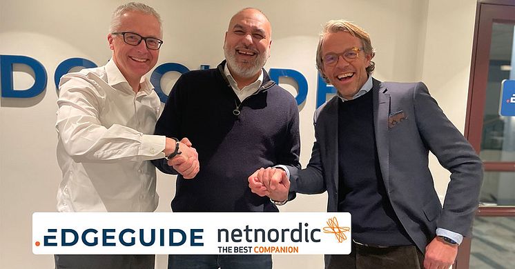 Fra venstre:  Jarl Øverby - Konsernsjef NetNordic Group, Ali Qureshi - VD EdgeGhuide, Fredik Rosman - VD NetNordic Sverige