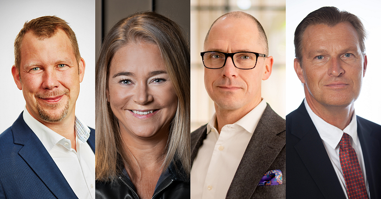 F.v: Jonas Hansson, VD Helsingborgshem, Katarina Liljestam-Beyer, ordförande Svenska Colivingförbundet & VD COLIVE, Mattias Tegefjord, VD Uppsalahem, Patrik Emanuelsson, VD Heba