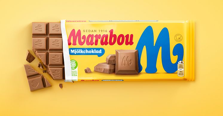 Marabous chokladkakor får ett nytt, modernare utseende, men givetvis med samma storlek, unika smak och den välkända gula färgen med röd logotyp.