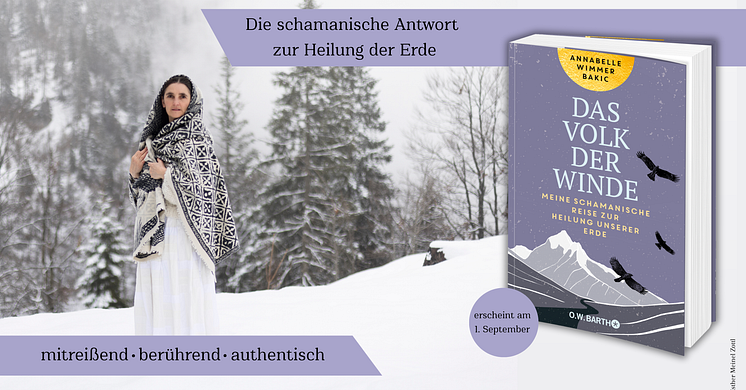 Schamanin Annabelle Wimmer Bakic vor schneebedeckten Bäumen mit ihrem Buch 'Das Volk der Winde'