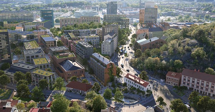 Visionsbild Mölndala Fastighets AB/TMRW: Forsåkers norra del med bruksbyggnaderna, forsen och Kvarnbygatan som omvandlats till ett stadsstråk.
