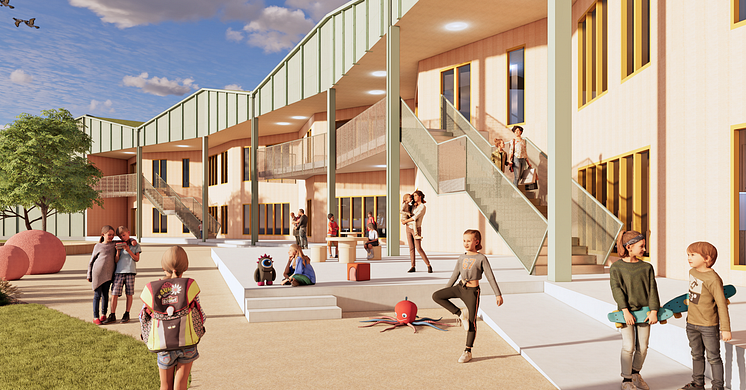 Visionsbild över den nya grundskolan på Adolfsfält i Ängelholm. Källa: Fojab