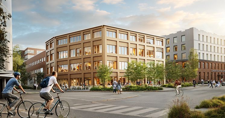 Illustration över tillbyggnaden i trä som kommer förstärka Campus Sickla