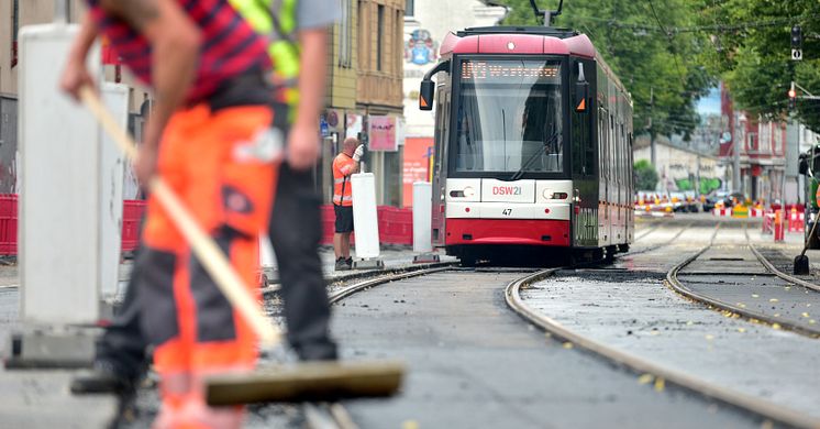 Gleisarbeiten im Bereich der Stadtbahnlinie U43 in Dortmund.