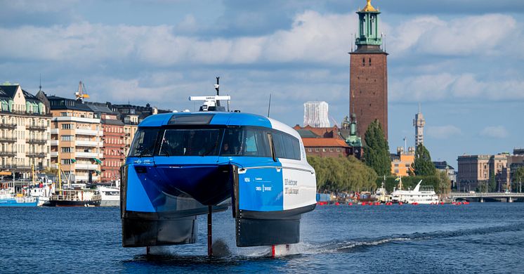 Heralding a new era of waterborne transport: Candela P-12 is the fastest electric ferry, and at 25 knots faster than Stockholm's diesel-powered commuter boats.