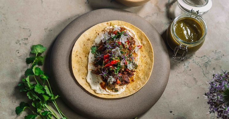 Årets Rätt 2025: Långbakad lammtaco ”barbacoa” med kryddor från hela världen. Foto: Årets Kock
