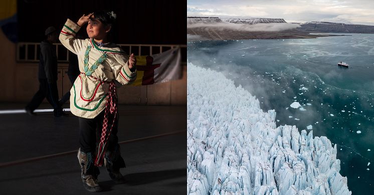 A traditional Inuit dance in Pond Inlet, Canada, left, and an HX vessel sailing past glaciers in Croker Bay, Nunavut, right.