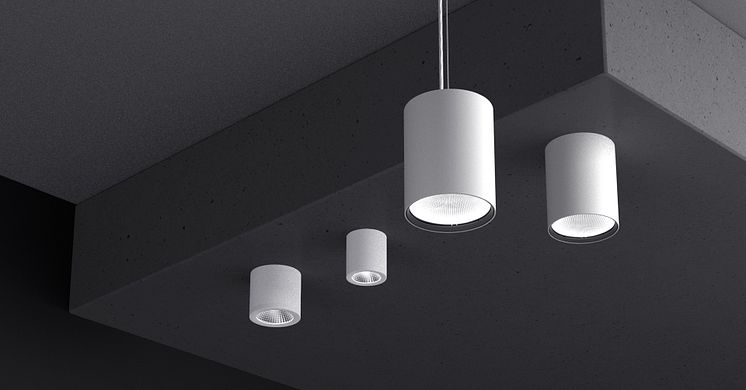 Image: LTS Licht & Leuchten GmbH. The Button family from left: Button Mini 200, Button Mini 100, Button Evo pendant luminaire, Button Evo surface-mounted version.