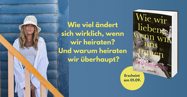 Links: Frau (Autorin Lina Mallon) steht vor einer blauen Holzwand. Rechts sieht man das Cover zum neuen Buch.