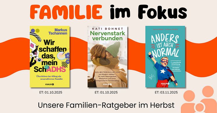 Auf beigem Hintergrund mit oranger Welle die drei Cover der Bücher. Rechts unten das abstrakte Logo einer Familie.