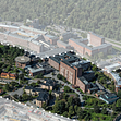 Bilden visar ett flygfoto över Solna sjukhusområde. Markeringen visar planområdet i Detaljplan 1.