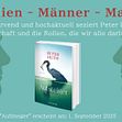 Buchcover mit einen Reiher, der einen Fisch im Schnabel trägt. Im Hintergrund Silhouetten von zwei Männergesichtern