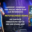 Links: Petutschnig Hons auf der Bühne; Rechts: Buchcover zu 'Das Leben ist kein Bauernhof'