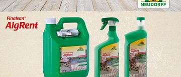 Neudorff Finalsan® AlgRent i tre storlekar: 3 L spray, 1 L spray och 1 L koncentrat.