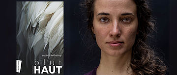 Die Autorin Audrée Wilhelmy mit dem Cover zu ihrem Buch BLUTHAUT