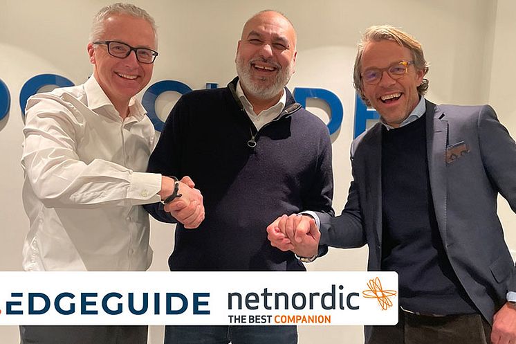 Fra venstre:  Jarl Øverby - Konsernsjef NetNordic Group, Ali Qureshi - VD EdgeGhuide, Fredik Rosman - VD NetNordic Sverige