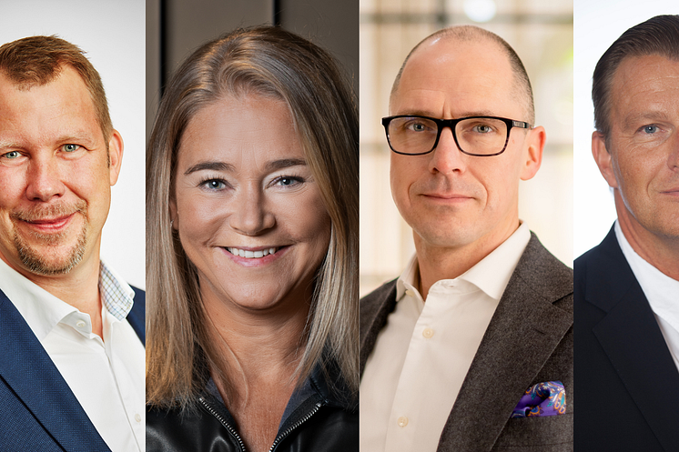 F.v: Jonas Hansson, VD Helsingborgshem, Katarina Liljestam-Beyer, ordförande Svenska Colivingförbundet & VD COLIVE, Mattias Tegefjord, VD Uppsalahem, Patrik Emanuelsson, VD Heba