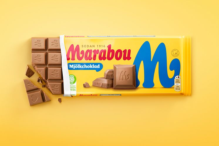 Marabous chokladkakor får ett nytt, modernare utseende, men givetvis med samma storlek, unika smak och den välkända gula färgen med röd logotyp.