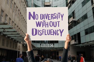 Hands holding up a placard saying No Diversity Without Disfluency