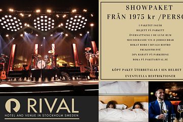 Boka showpaket med parkettbiljett till Bo Kaspers orkester, Hybris, Brynolf & Ljung, Henrik Fexeus, Sven-Ingvars, Petter. Övernattning på de luxe rum, mousserande vin och jordgubbar, garanterat bord i Bistron och frukostbuffé.