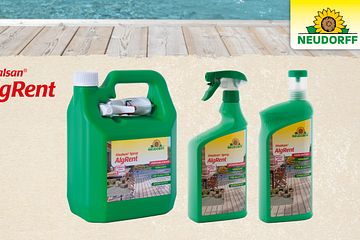 Neudorff Finalsan® AlgRent i tre storlekar: 3 L spray, 1 L spray och 1 L koncentrat.