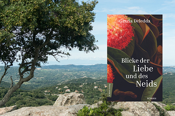 Cover "Blicke der Liebe und des Neids" von Grazia Deledda, dahinter Blick über Sardinien