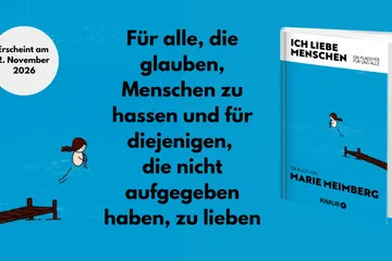 Illustration von Marie Meimberg. Mensch springt von Steg ins Wasser. Daneben Cover von "Ich liebe Menschen".