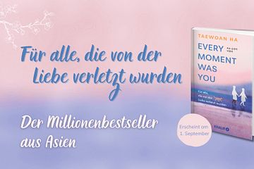 Links oben: Gezeichnete Kirschblüten in weis, Rechts: Cover, Hintergrund: Farbverlauf Rosa zu Lila