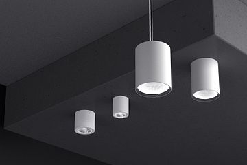 Bild: LTS Licht & Leuchten GmbH. Die Button Familie v. li: Button Mini 200, Button Mini 100, Button Evo Pendelleuchte, Button Evo Anbauvariante.