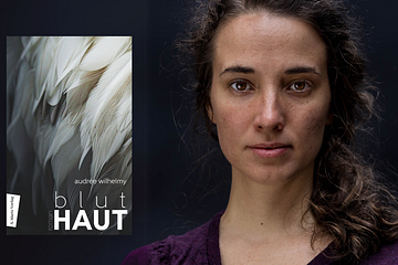 Die Autorin Audrée Wilhelmy mit dem Cover zu ihrem Buch BLUTHAUT