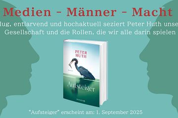 Buchcover mit einen Reiher, der einen Fisch im Schnabel trägt. Im Hintergrund Silhouetten von zwei Männergesichtern