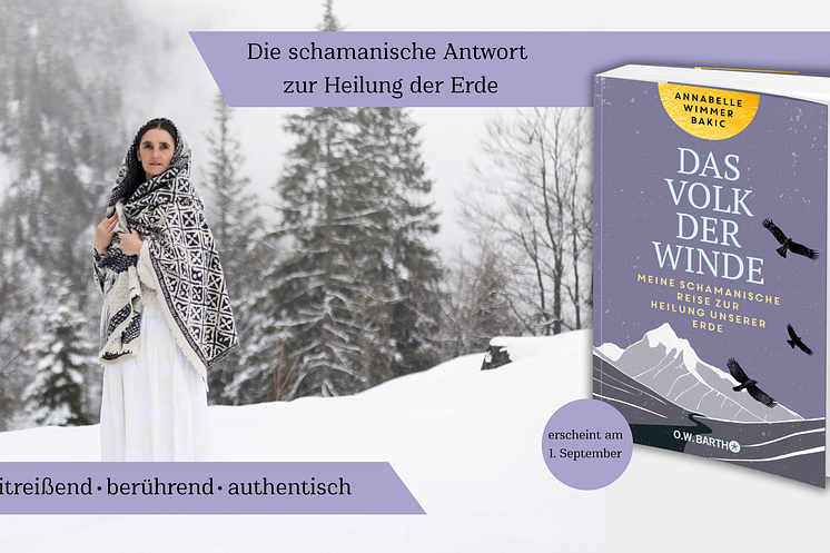 Schamanin Annabelle Wimmer Bakic vor schneebedeckten Bäumen mit ihrem Buch 'Das Volk der Winde'