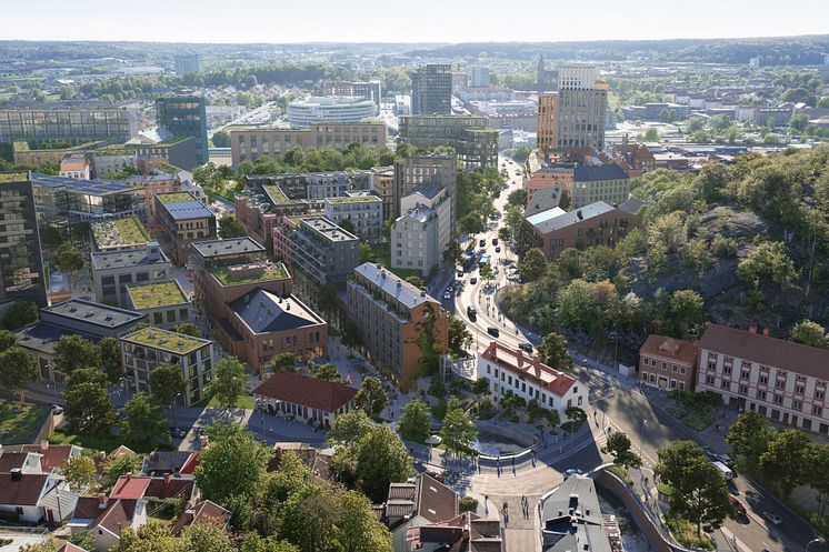 Visionsbild Mölndala Fastighets AB/TMRW: Forsåkers norra del med bruksbyggnaderna, forsen och Kvarnbygatan som omvandlats till ett stadsstråk.