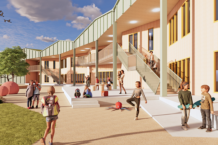 Visionsbild över den nya grundskolan på Adolfsfält i Ängelholm. Källa: Fojab