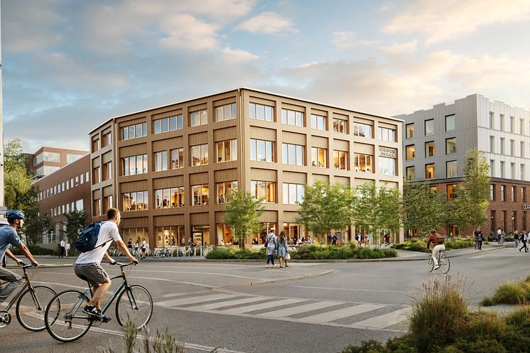 Illustration över tillbyggnaden i trä som kommer förstärka Campus Sickla