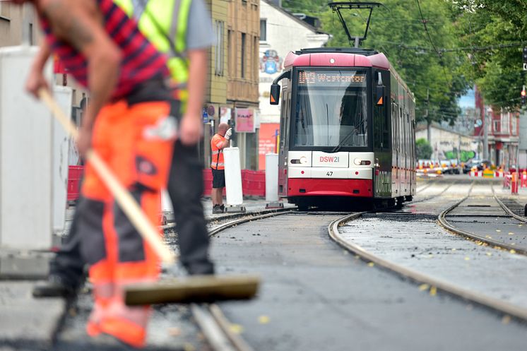 Gleisarbeiten im Bereich der Stadtbahnlinie U43 in Dortmund.