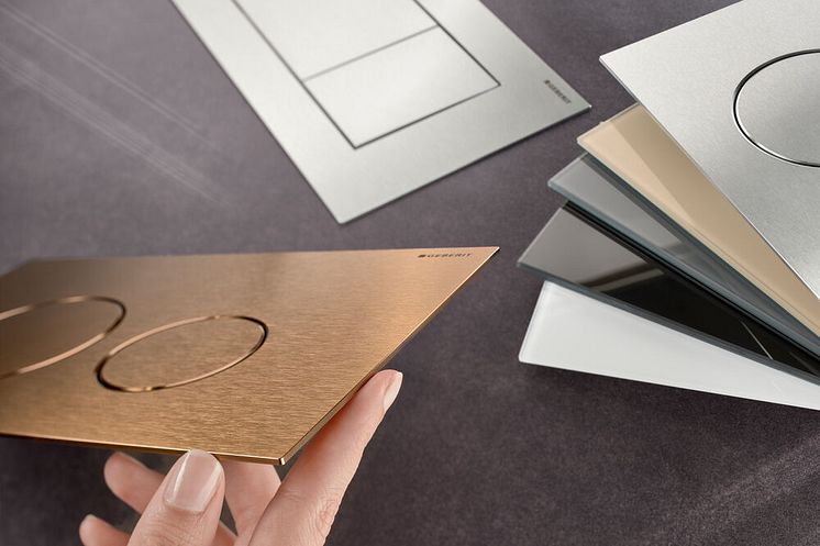 Utrolig slank betjeningsplate. Geberit Sigma40 i rund eller firkantet form og i en rekke materialer og farger.
