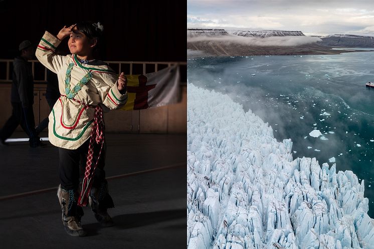 A traditional Inuit dance in Pond Inlet, Canada, left, and an HX vessel sailing past glaciers in Croker Bay, Nunavut, right.