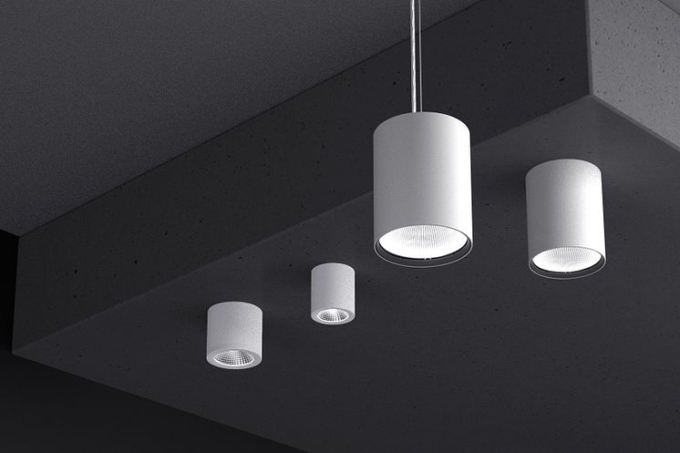 Image: LTS Licht & Leuchten GmbH. The Button family from left: Button Mini 200, Button Mini 100, Button Evo pendant luminaire, Button Evo surface-mounted version.