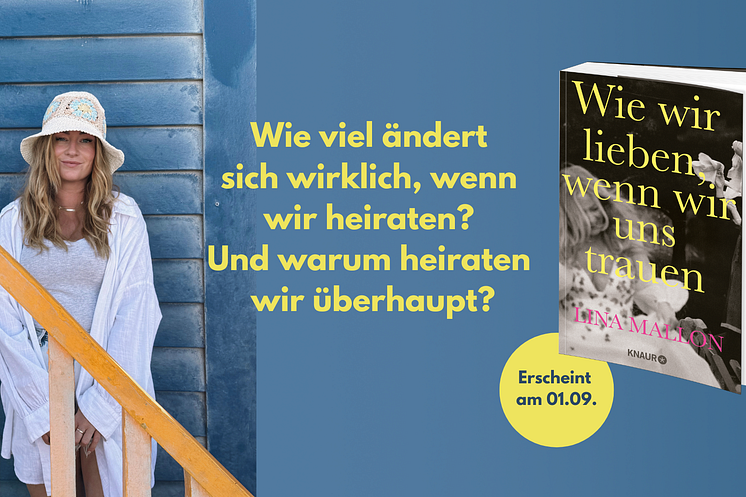 Links: Frau (Autorin Lina Mallon) steht vor einer blauen Holzwand. Rechts sieht man das Cover zum neuen Buch.