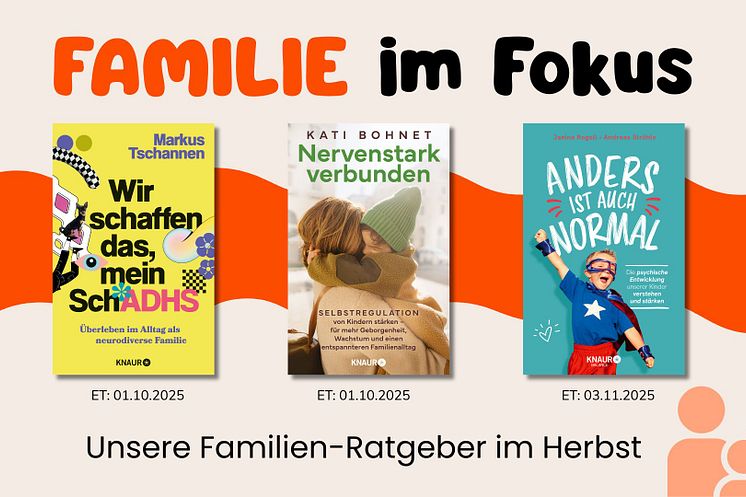 Auf beigem Hintergrund mit oranger Welle die drei Cover der Bücher. Rechts unten das abstrakte Logo einer Familie.