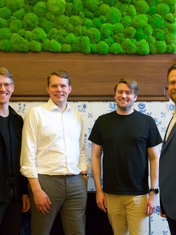 The two Kvasir Technologies founders and the new investors: From the left: Mikkel Skytte Hejbøl (The Footprint Firm), Anders Bak Kristoffersen (Kvasir), Joachim Bachmann Nielsen (Kvasir), and Johan Bitsch Nielsen (EIFO)