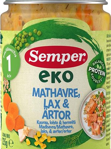 Takaisinveto Semper EKO Kauraa, lohta & herneitä 1 v luomu lastenateria 