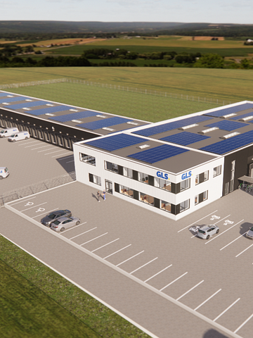 Visualisering af GLS Denmarks distributionscenter i Randers udarbejdet af Gråkjær Erhverv A/S. 
