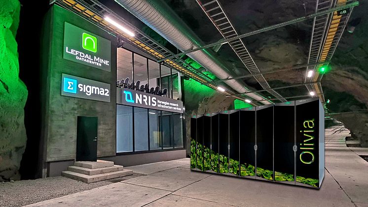 Olivia ankommer våren 2025 og skal installeres i Sigma2s datahall hos Lefdal Mine Datacenter til venstre i illustrasjonsbildet. Navnet er en referanse til mineralet olivin, som tidligere ble utvunnet i gruven, som nå er omgjort til datasenter.