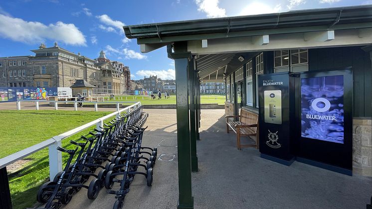 Bluewater refill station with digital screen next to the Old Course at St. Andrews, Scotland - the 'Home of Golf'